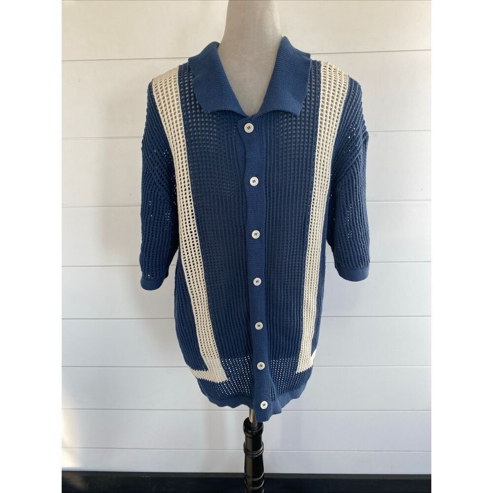 Massive Luxury Edition Men's Vintage Style Crochet Knitted Shirt Blue Sz L NWT